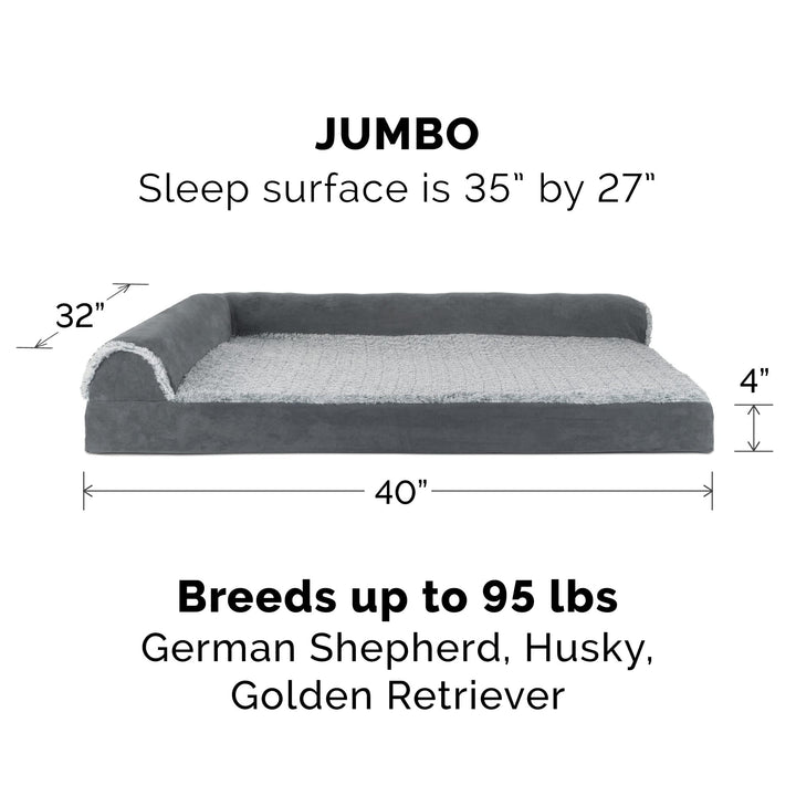 Orthopedic Dog Bed for Large Dogs w/ Removable Bolsters & Washable Cover, For Dogs Up to 95 lbs - Two-Tone Plush Faux Fur & Suede L Shaped Chaise - Stone Gray, Jumbo/XL
