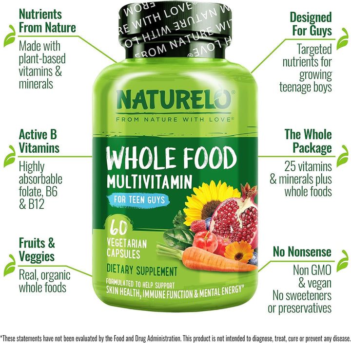 Whole Food Multivitamin for Teenage Boys - Vitamins and Minerals Supplement for Active Kids - with Plant Extracts - Non-GMO - Vegan & Vegetarian - 60 Capsules