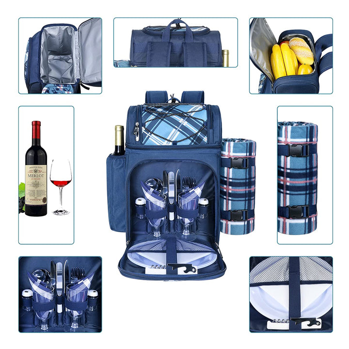 Picnic Basket Backpack for 2 Person with Insulated Cooler Compartment,Wine Holder,Fleece Blanket,Cutlery Set,Perfect for Beach Camping Party,Gifts for Boys Girls,Blue (36083-BL)