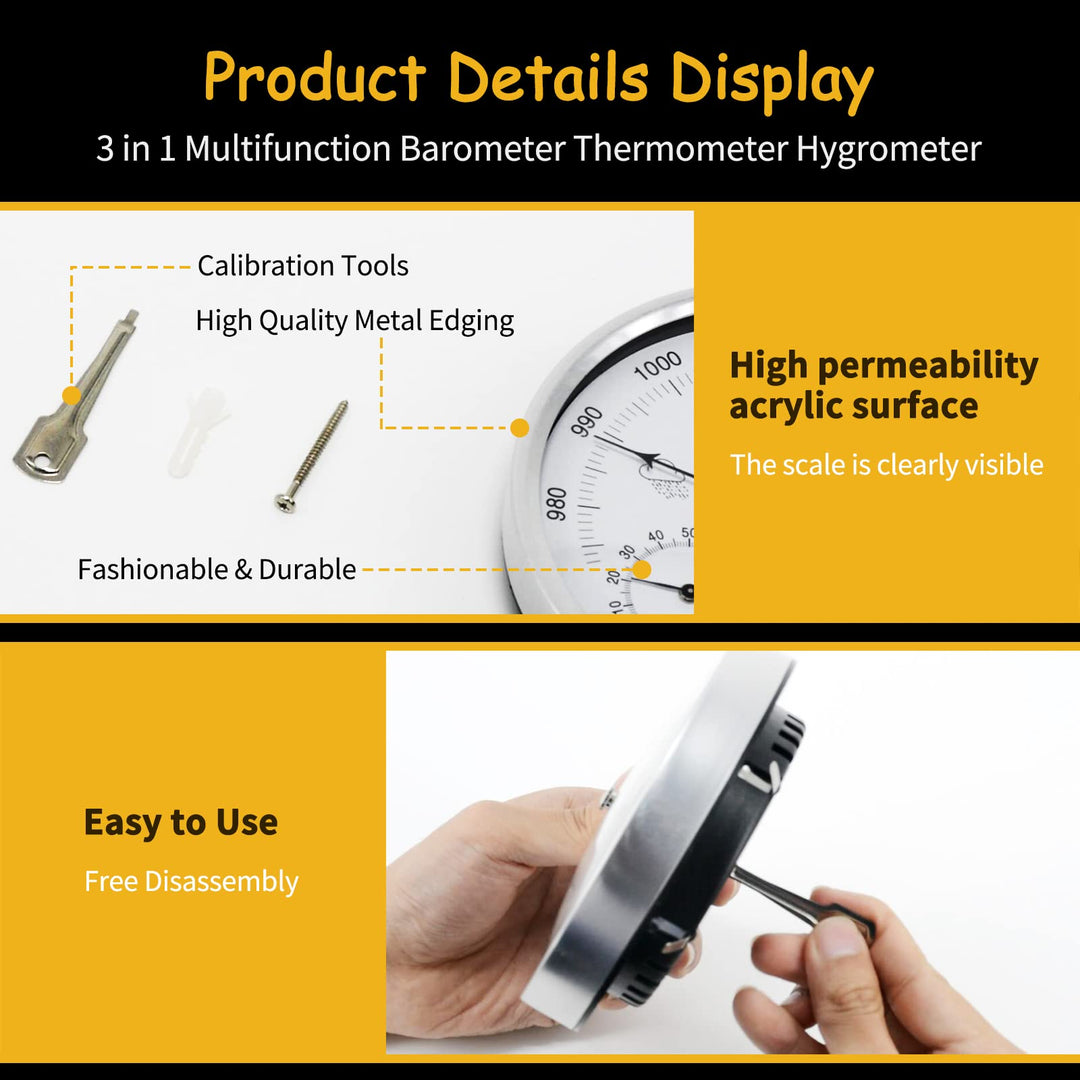 5.2 Diameter Dial Type Barometer Thermometer Hygrometer 3 in 1 Multifunction, Pure Mechanical Dial Barometric Pressure Weather Station (Imperial) AW007A