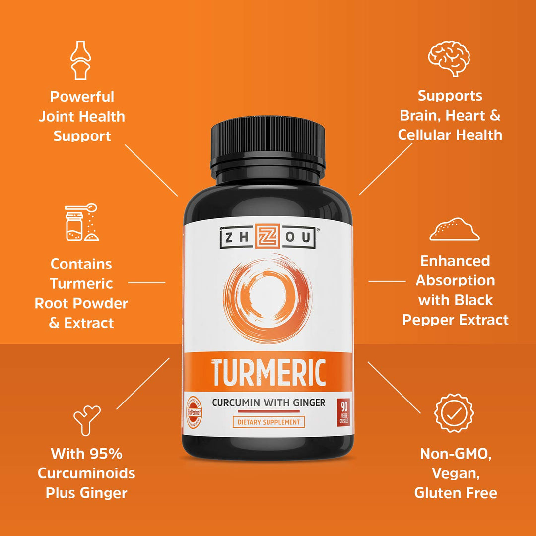 Zhou Turmeric Curcumin with Ginger - Turmeric and Ginger Supplement for Women & Men, Curcuminoids with Ginger Root & Black Pepper Extract for Digestion & Joint Health - 90 Veggie Capsules