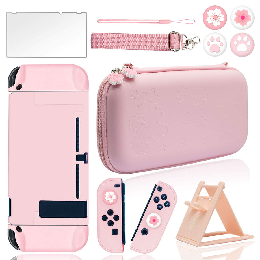 Cute Travel Carrying Case for Nintendo Switch Accessories Kit with Hard Protective Cover, Glass Screen Protector, Adjustable Stand and Thumb Grip Caps 10 in 1(Switch Pink)