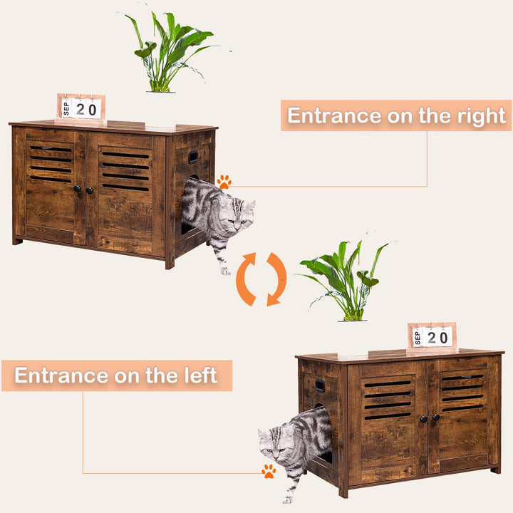 Litter Box Enclosure, Cat Litter House with Louvered Doors, Entrance Can Be on Left or Right Side, Spacious Hidden Washroom for Most of Litter Box, Cat Furniture Cabinet, Rustic Brown
