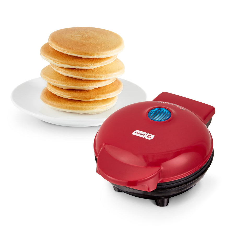 Mini Maker Electric Round Griddle for Individual Pancakes, Cookies, Eggs & other on the go Breakfast, Lunch & Snacks with Indicator Light + Included Recipe Book - Red