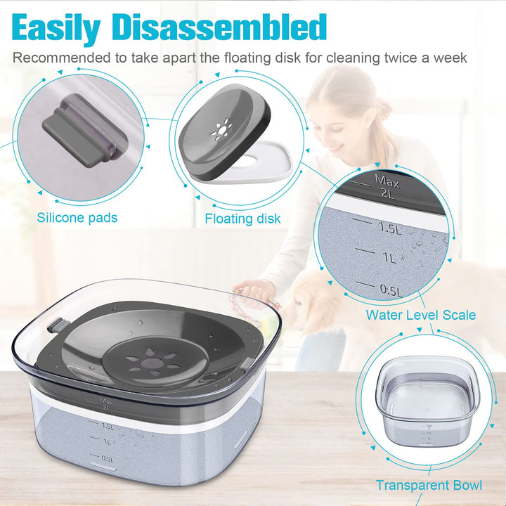 70oz Dog Water Bowl 2L No Spill Dog Bowl Large Capacity Spill Proof Slow Water Feeder, No Splash Dog Bowl Pet Water Dispenser Vehicle Carried Travel Slow Drinking Bowl for Messy Drinkers, Cats