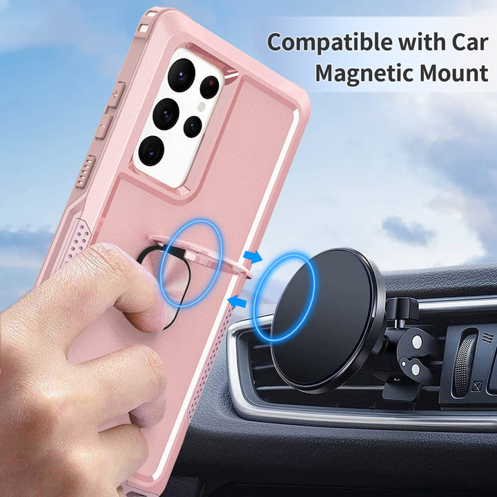 for Galaxy S22 Ultra Case Heavy Duty Full Body Shockproof Kickstand with 360°Ring Holder Support Car Mount Hybrid Bumper Silicone Hard Back Cover for Samsung S22 Ultra 6.8 Rose Gold