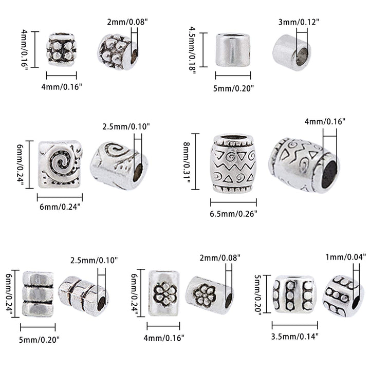 260pcs 7 Style Tibetan Spacer Beads Antique Silver Column Alloy Tube Metal Spacers European Large Hole Loose Beads Spacers for Bracelet Necklace Jewelry Supplies, Hole: 1.5~3.5mm
