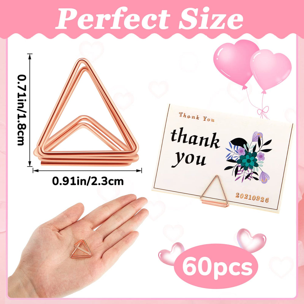 60 Pieces Table Number Holder Place Card Holder Christmas Party Wedding Triangle Shape Table Card Holder Photo Picture Holder Stand Clip for Wedding Baby Shower, Suitable for Small Card(Rose Gold)