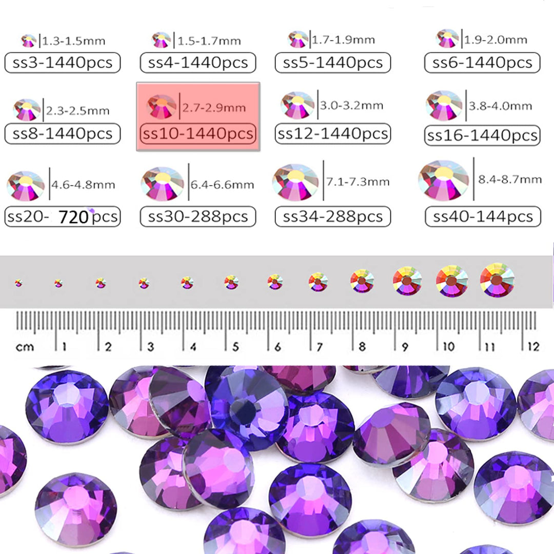 1440 Pieces SS10 Flatback Rhinestones, 2.8MM Flatback Crystal Rhinestones for Craft Nails Dance Costumes, Non Hotfix Rhinestones (Purple Velvet)