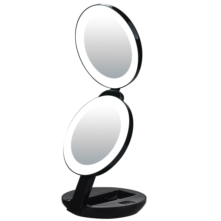 LED Lighted Travel Makeup Magnifying Mirror,Magnifies 10x and 1x, Luxury Double Side and Folding Pocket Vanity/Cosmetic Mirror (Black)