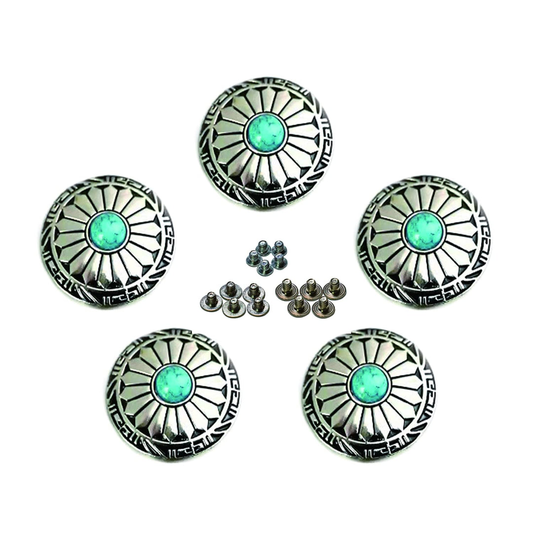 Conchos, Decorative Concho for Handmade, 5 Pack Artificial Turquoise Screw Buttons and Multi Size Screws, Round Metal Sunflower Daisy Indian Eagle OX Head DIY Leathercraft (Sunflower-Green)