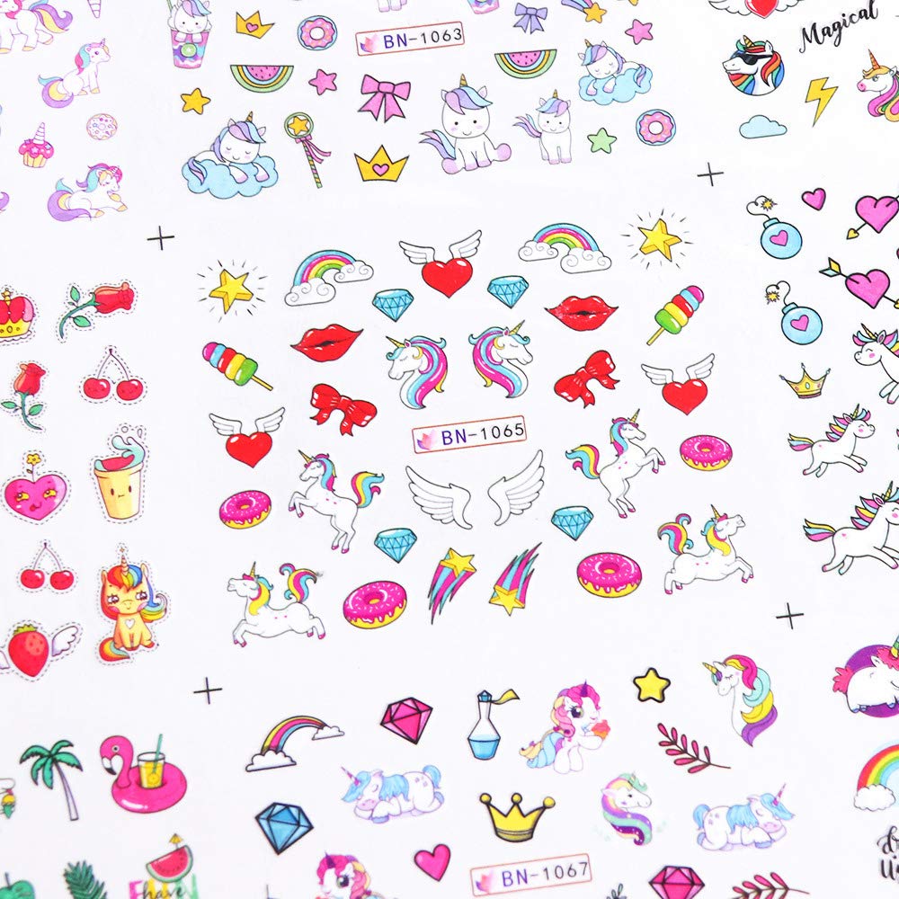 Unicorn Nail Art Stickers for Girls 12 Sheets Cute Nail Beauty Supplies Decals Unicorns Stars Moons Cherries Flamingos Rainbows Design for Nails DIY Decorations Manicure Tips Kids Birthday Gifts