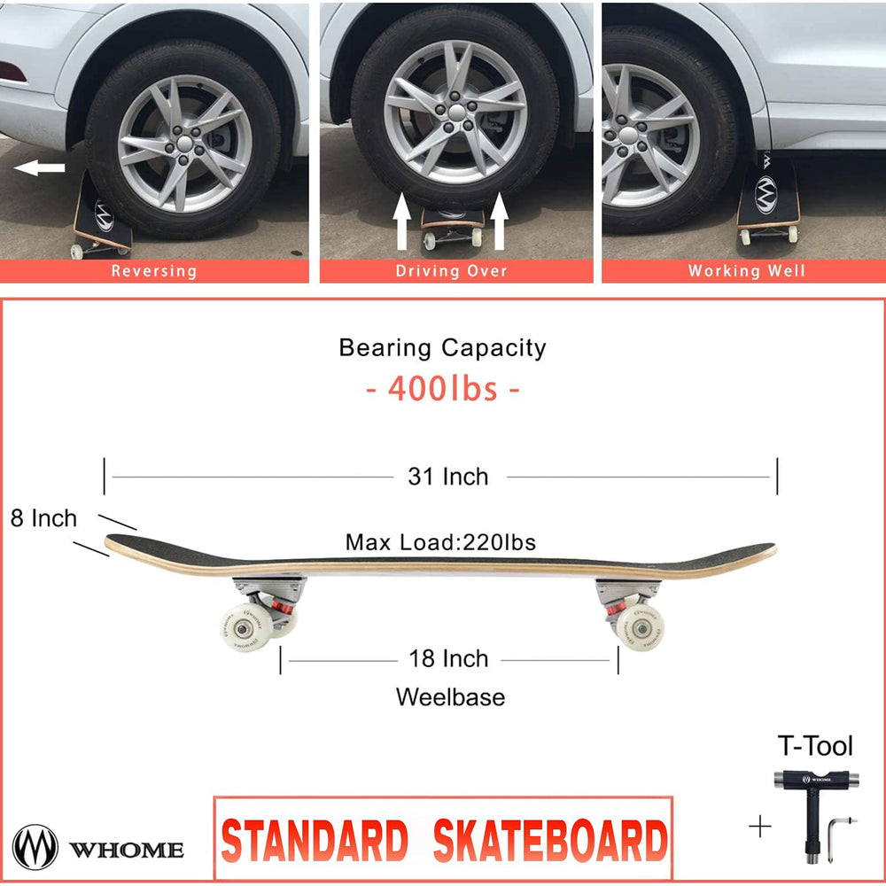 Skateboards for Adults/Kids Teens/Girl Beginner/Boy - 31x8 Pro Standard Skateboard Complete 8-ply Alpine Maple Deck ABEC-9 Bearings with T-Tool