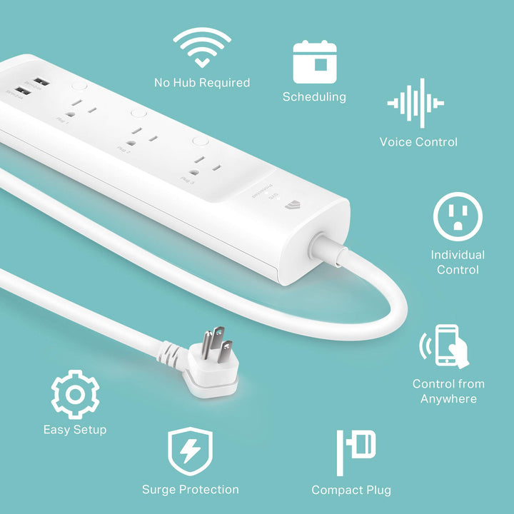 Plug Power Strip KP303, Surge Protector with 3 Individually Controlled Smart Outlets and 2 USB Ports, Works with Alexa & Google Home, No Hub Required , White