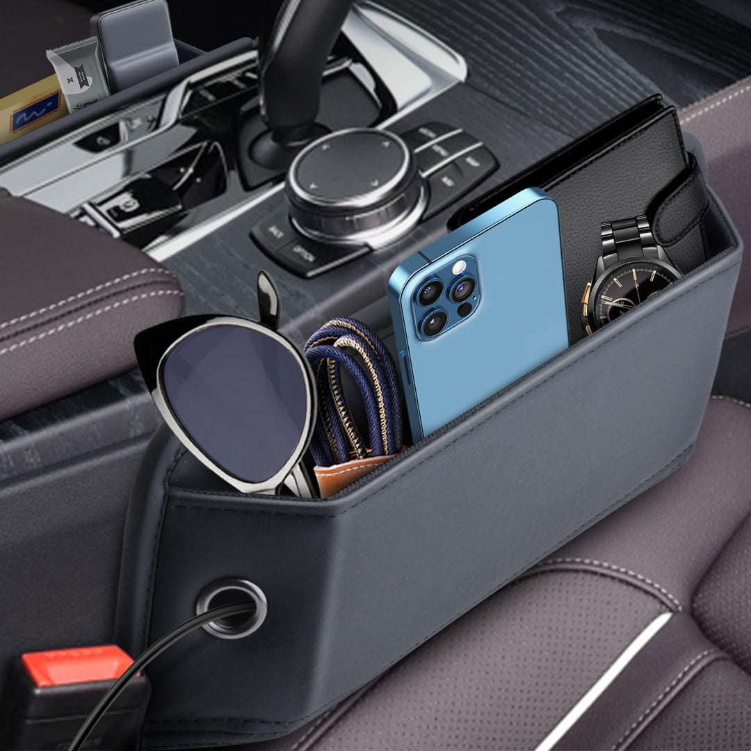 Car Seat Gap Filler, Universal Fit Car Seat Gap Organizer, Premium Leather Car Seat Storage Box, Adjustable Stop Drop Car Seat Organizer and Storage Front Seat for Phones, Cards, Keys (1 Pack)