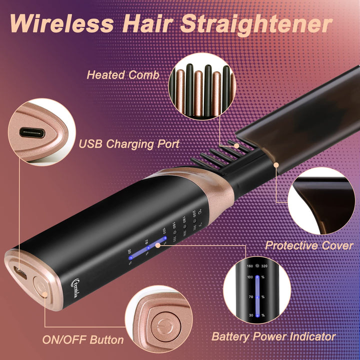 Cordless Hair Straightener Brush, Rechargeable Portable Heated Comb Mini Straightening Brush for Women and Mens Beard Home Travel Lightweight Carry-Along Hot Comb