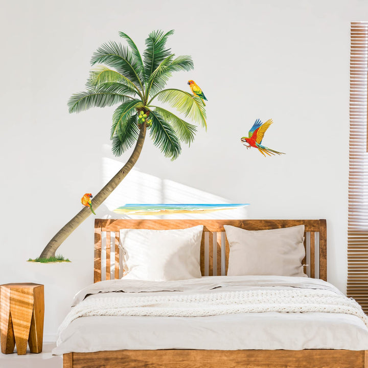 Palm Tree Wall Stickers Tropical Plants Birds Peel and Stick Wall Art Decals for Living Room Bedroom TV Wall (H:46 Inches)