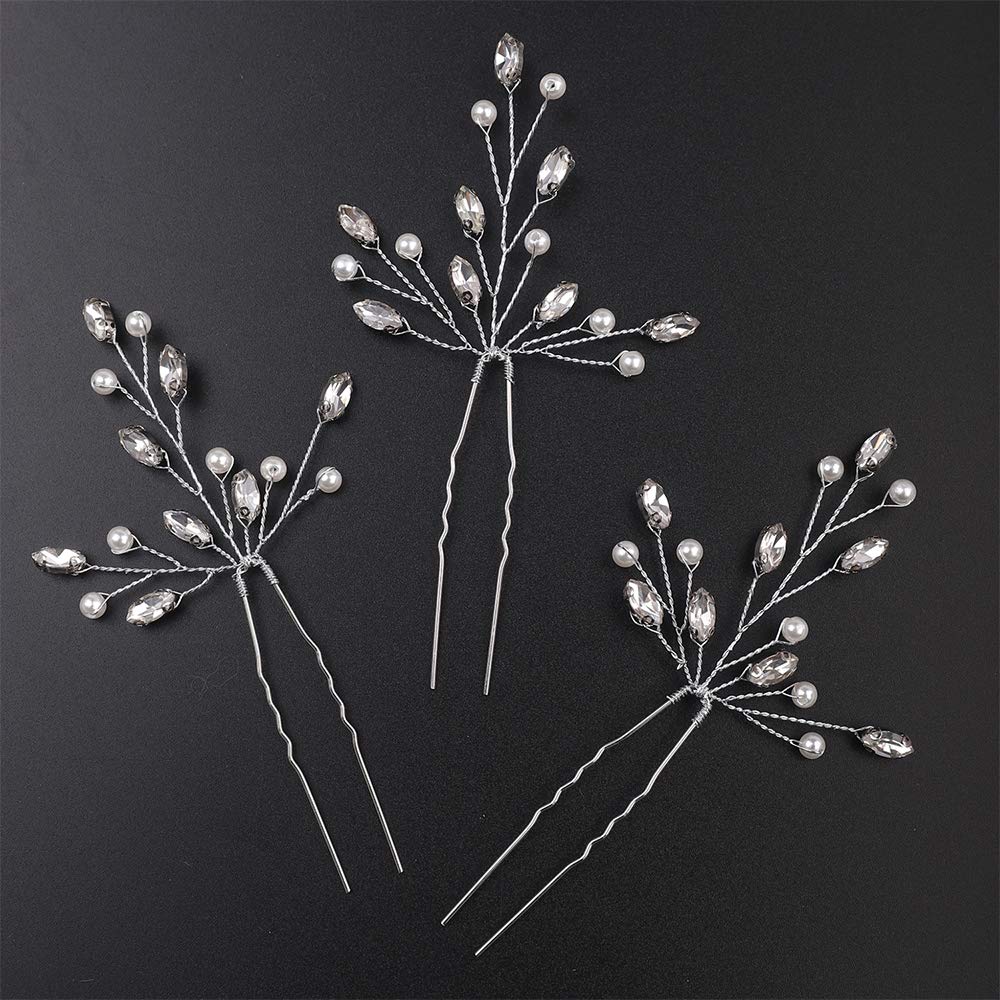 Bridal Wedding Hair Pins Silver Crystal Hair Piece Pearl Bobby Pins Rhinestone Bridesmaids Hair Pin Wedding Hair Pins Hair Accessories for Women and Bride (Silver)