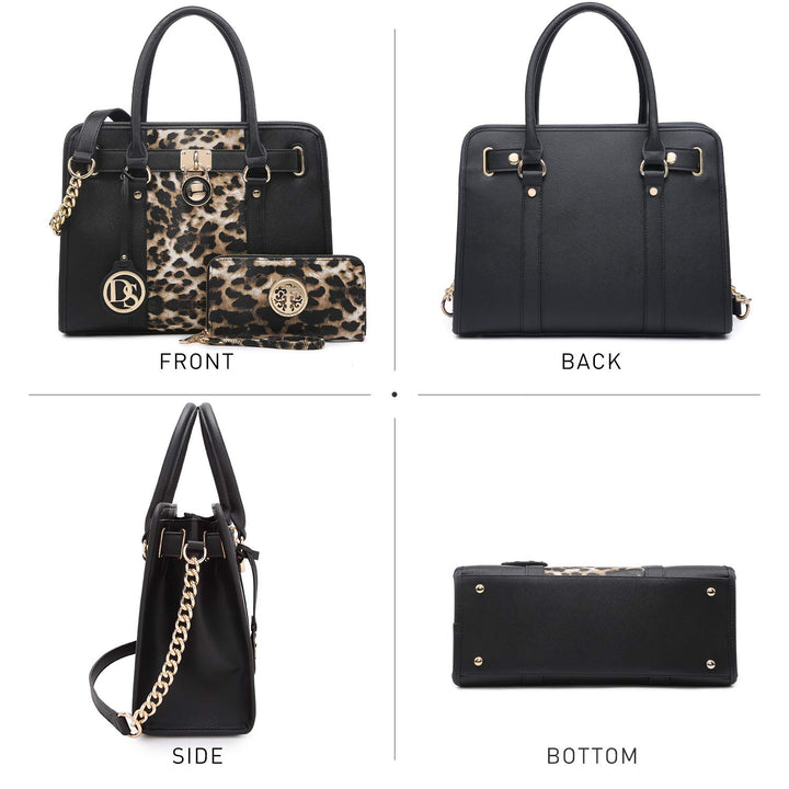 Two Tone Satchel Handbags Purses for Women Vegan Leather Shoulder Bags Large Tote Bag with Matching Wallet/Chain Strap