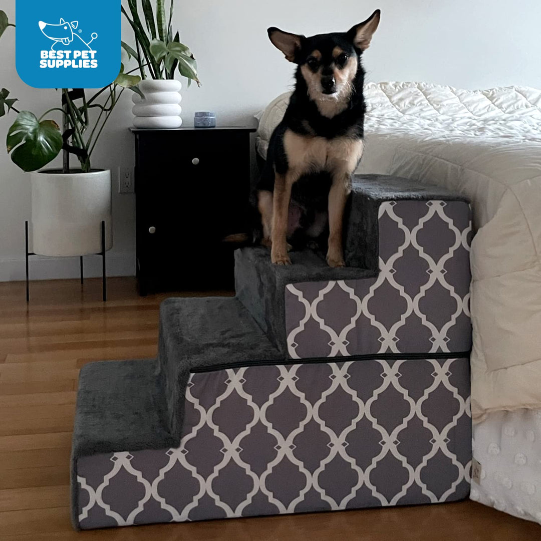 Foldable Foam Pet Steps for Small Dogs and Cats, Portable Ramp Stairs for Couch, Sofa, and High Bed Climbing, Non-Slip Balanced Indoor Step Support, Paw Safe - Ash Gray Linen,4-Step