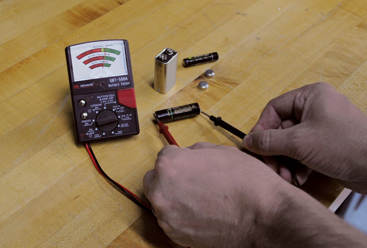 GBT-500A Analog 1.5 V Button Cell/22.5 Photo/AA/AAA/12 V/9 V/Lantern Cells & More, Leads Battery Tester,14 Battery Range, Black
