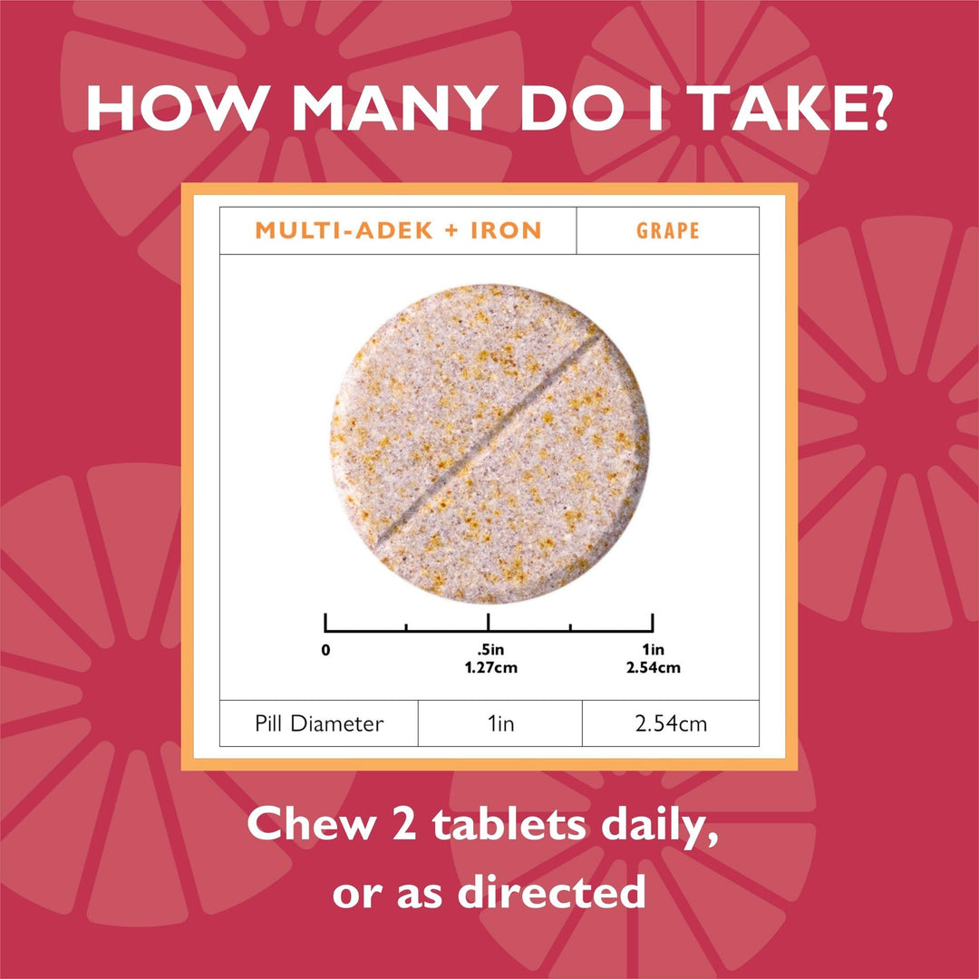 Celebrate Vitamins Multi ADEK Chewables, 60mg Iron - Daily Bariatric Multivitamin, Vitamins A, D, E, K & B12 for Duodenal Switch Surgery Patients - Grape (60 Tablets)