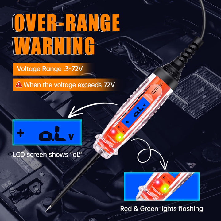 Automotive Test Light 3-72V DC Digital Light Tester with Voltmeter, Heavy Duty Auto Circuit Tester with LCD Backlight Display and LED Indication, Electric Test Pen with Illumination