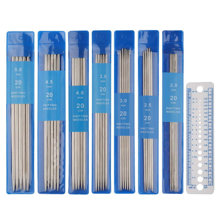 Short Double Pointed Knitting Needles Kit 20cm, Double Ended Stainless Steel Needles 2.0mm to 5.0mm, DPNS Knitting Pins Set for Beginner & Kids, Sock Knitting Needles 35 Pack & Knitting Gauge