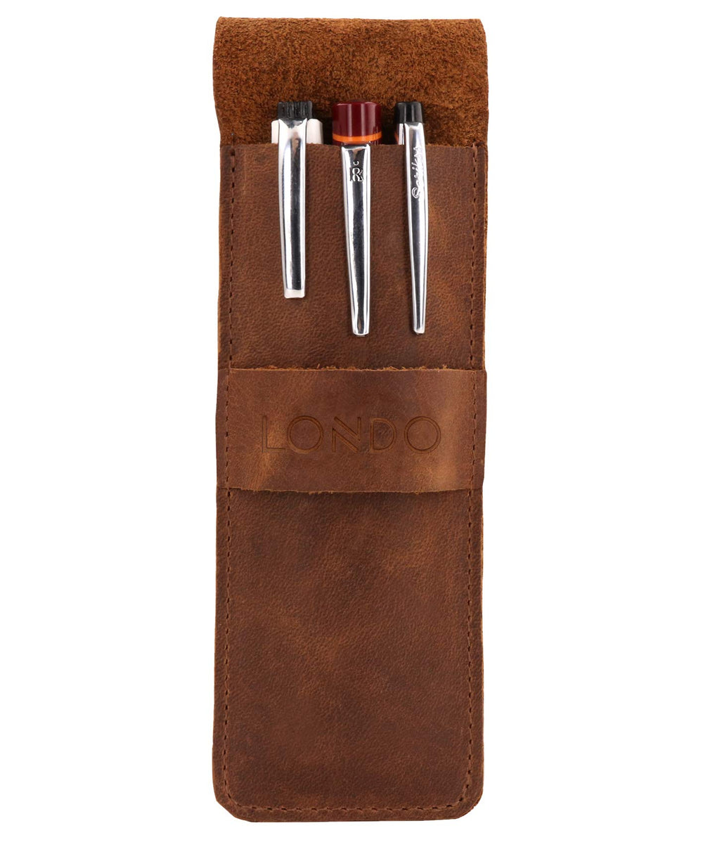 Genuine Leather Pen and Pencil Case with Tuck in Flap (Brown)