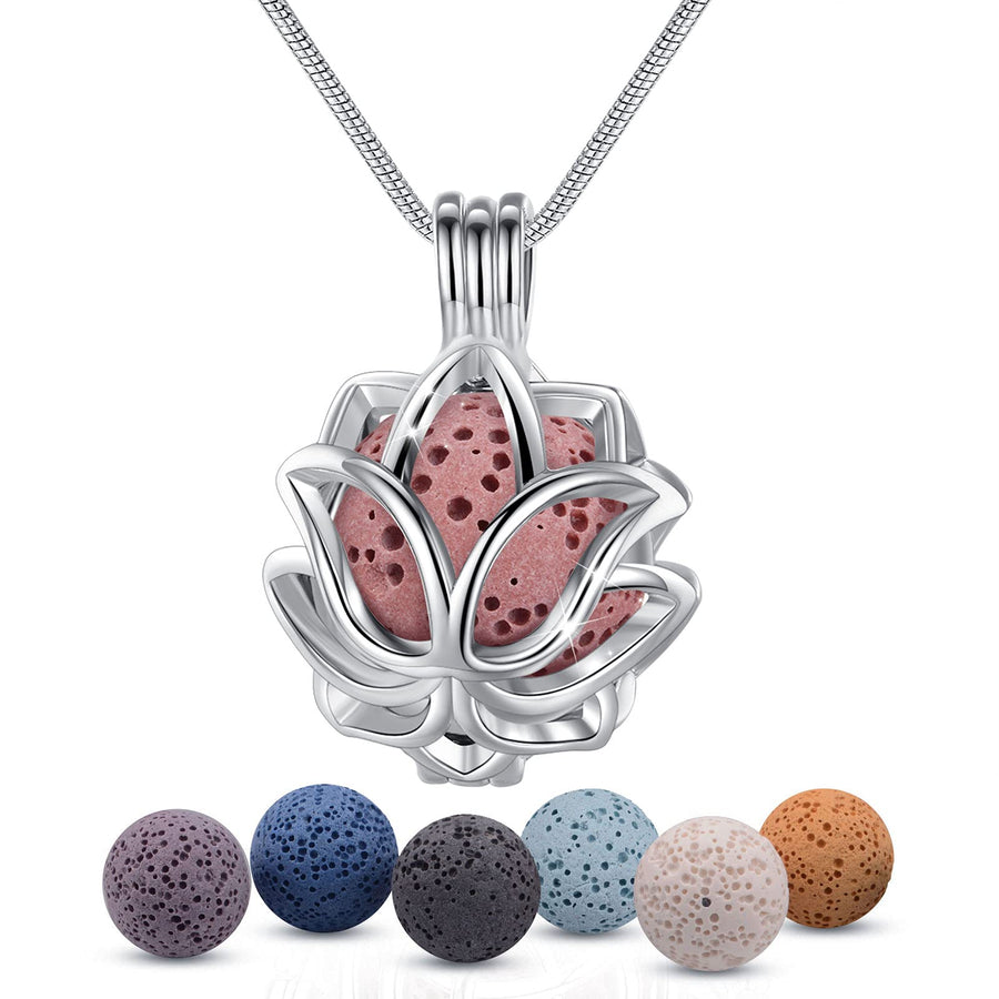 Essential Oil Diffuser Necklace Aromatherapy Jewelry for Women TeenGirls, Small Lotus Flower Pendant, 7 Lava Rock Stones, 24 Snake Chain
