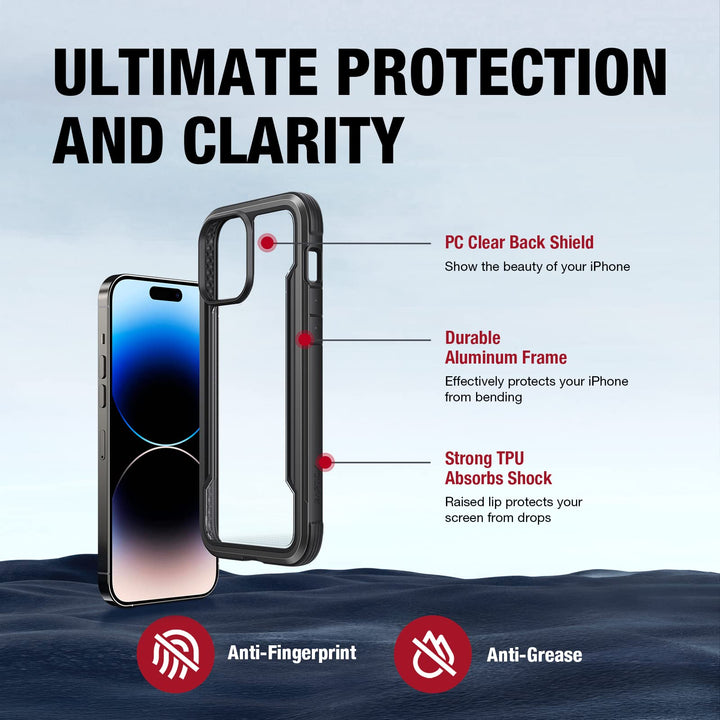 Shield for iPhone 14 Pro Case, Shockproof Protective Clear Case, Military Grade 10ft Drop Tested, Durable Aluminum Frame, Anti-Yellowing Technology Case, 6.1 inch, Black