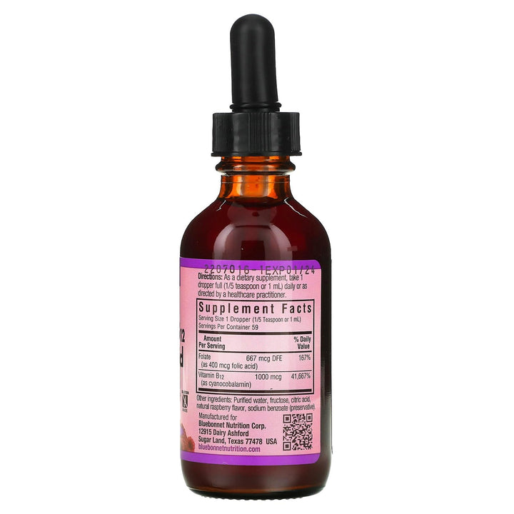 Bluebonnet Nutrition Liquid Vitamin B12 & Folic Acid, for Energy Boost*, Soy-Free, Gluten-Free, Dairy-Free, Vegan, 400 mcg of Folic Acid & 1000 mcg of Vitamin B12 Per Serving, 2 fl oz, 59 Servings
