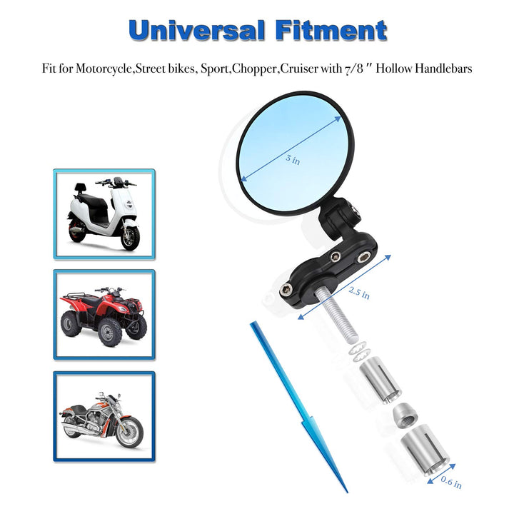 Trkimal Universal Motorcycle Mirrors Handle Bar Rear View Blue Mirrors - 3 Inch Round Folding Bar End Side Mirror Anti-Glare Compatible with Street Bikes Sports Scooter Chopper Cruiser