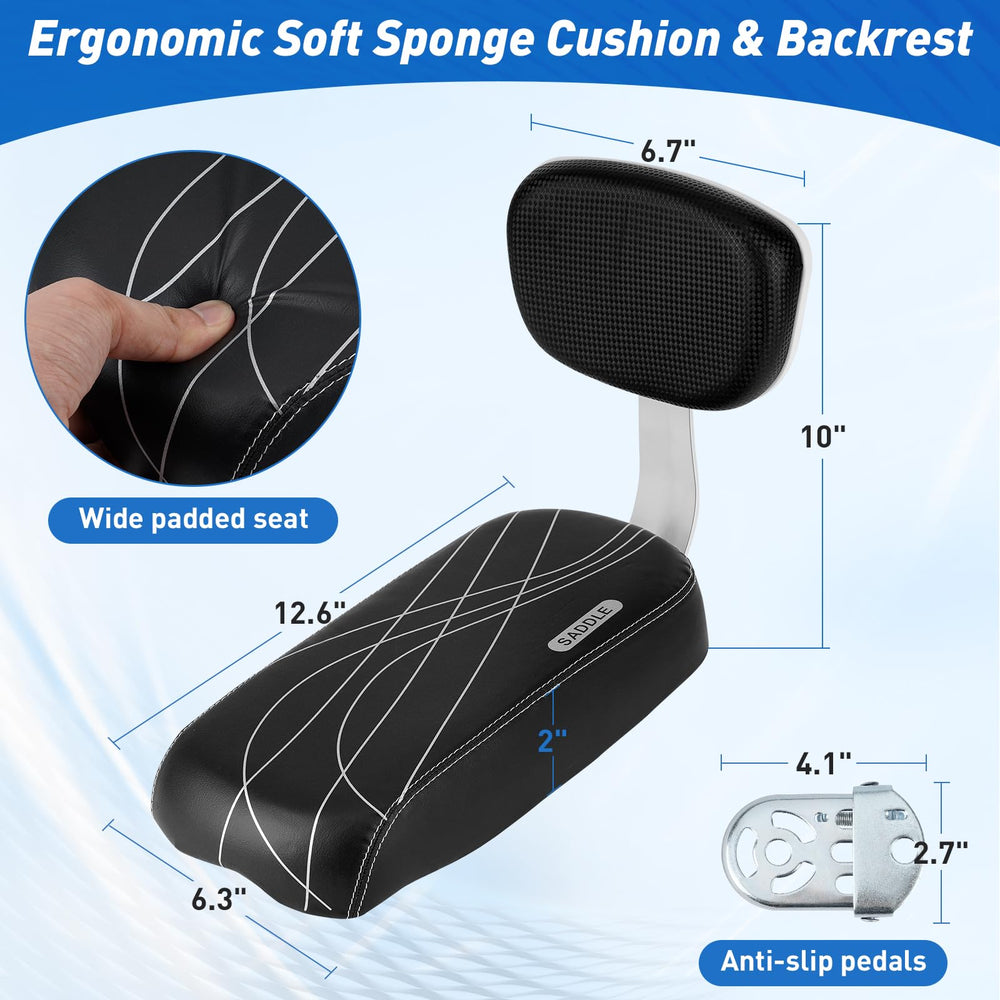 Bicycle Rear Seat Cushion Armrest Footrest Set, Kid Child Carrier Bicycle Baby Seat, Including Cushion and Backrest, Armrest Handrail, Footrests, Bell, Black