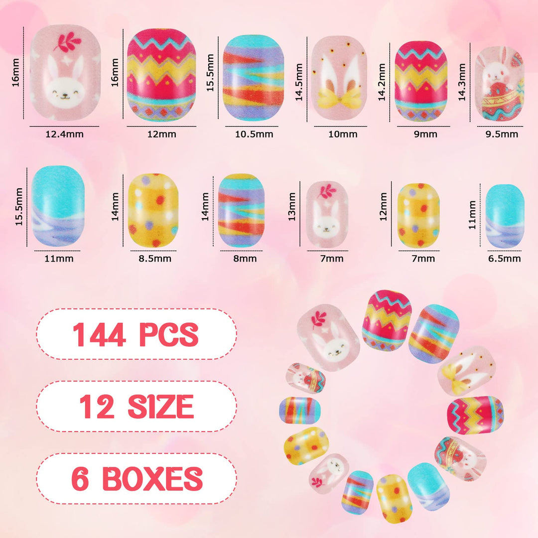 144 Pieces 6 Boxes Kids Easter False Nails Press on Pre Glue Full Cover Children Short Fake Nails False Fingernails for Easter Holiday Girls Nail Art Decoration (Animal Series)