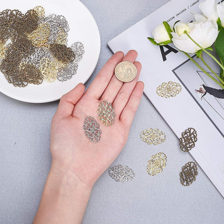 150 pcs 3 Colors Tibetan Style Iron Oval Filigree Charm Pendant Link Connectors for Earring Necklace Jewelry DIY Craft Making, Mixed Colors