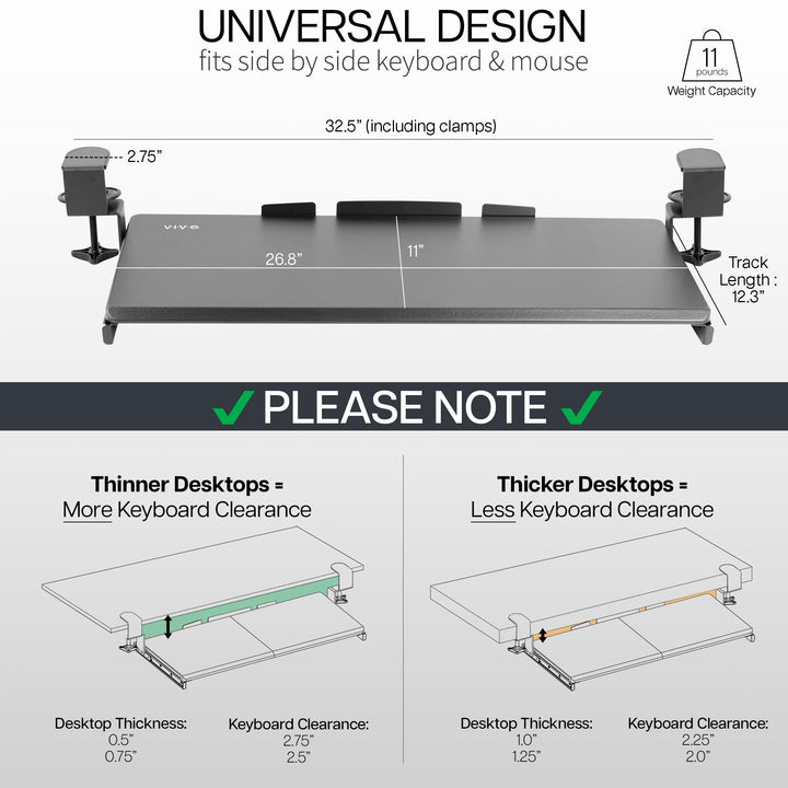 Large Clamp-on Computer Keyboard and Mouse Under Desk Slider Tray, 27 x 11 inch Pull Out Platform Drawer, Dark Wood, MOUNT-KB05D