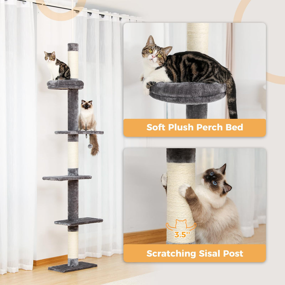Cat Tower 5-Tier Floor to Ceiling Cat Tree Height(95-107 Inches) Adjustable, Tall Climbing Tree Featuring with Scratching Post, Cozy Bed,Interactive Ball Toy for Indoor Cats/Kitten Grey