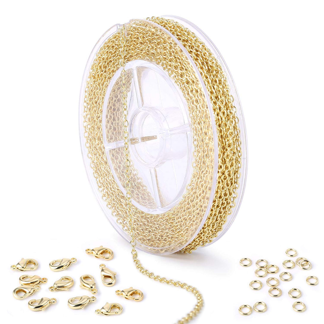 Gold Chain for Jewelry Making, 33 FT Dainty Cable Link Chain Spool for Necklaces Making Clasp Jump Ring Included