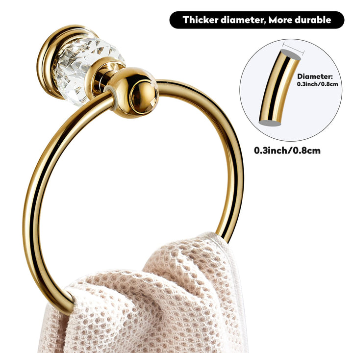 Crystal Towel Ring, Gold Towel Holders for Bathrooms, Round Hand Towel Rack Wall Mounted Decorative