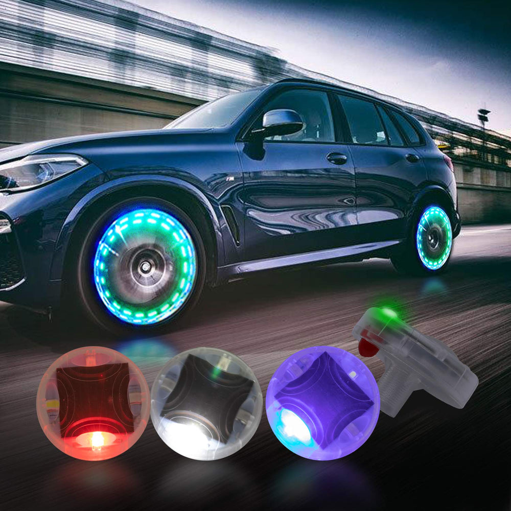 Car Tire Wheel Lights, 4Pcs Air Valve, Solar Valve Cap with Motion Sensors Colorful Flashing LED Light Gas Nozzle for Bicycle Motorcycles