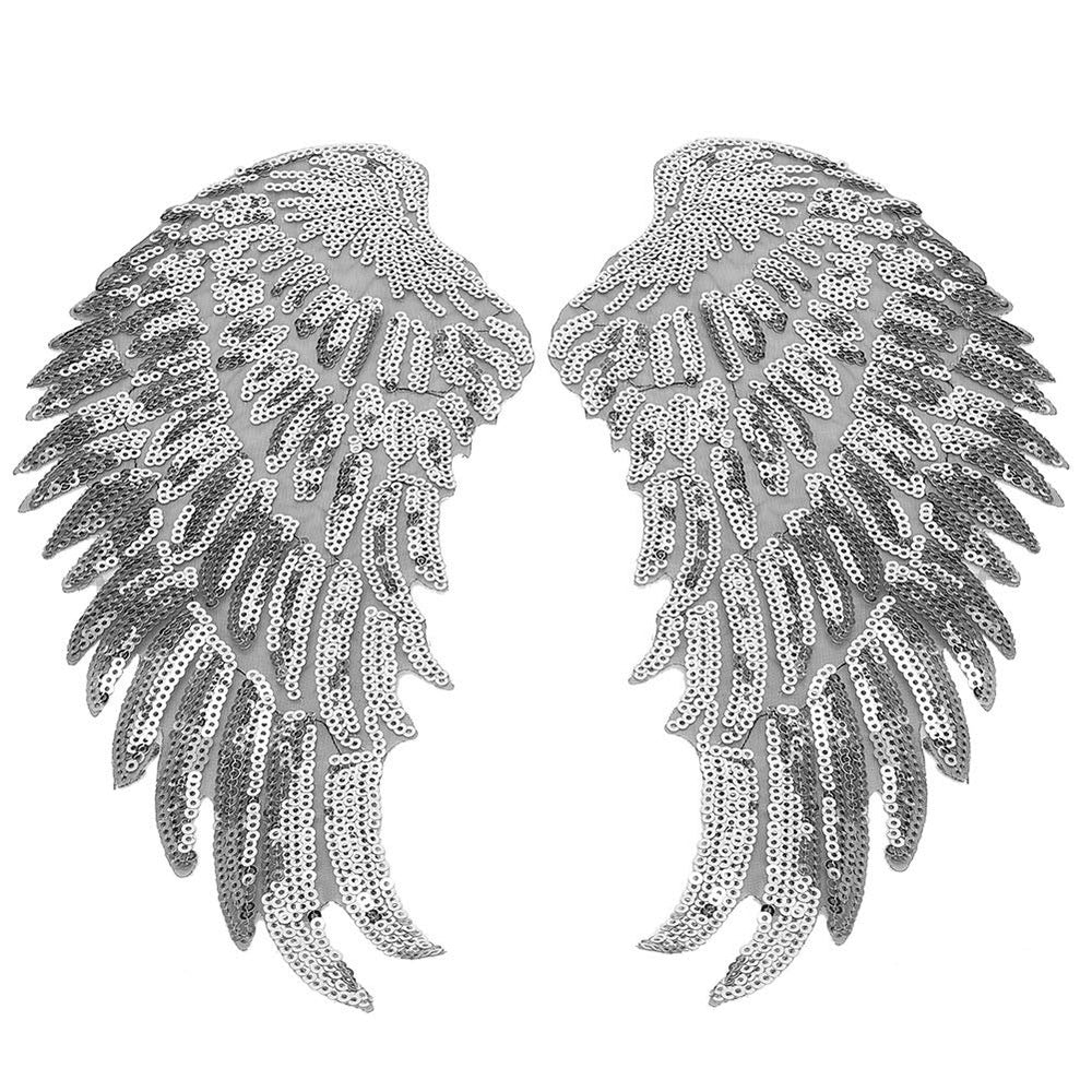2 Pairs Sequins Angel Sew on/Iron On Patch DIY Embroidered Applique Bling for DIY Jackets Cloth Decoration Gifts