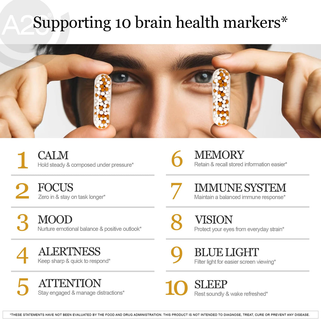 A20 Microbead Brain Health Supplements for Adults for Memory, Focus, Calm, Mood, Alertness, Attention, Vision, Sleep, Immune System, 20 Premium Nootropic Nutrients Multivitamin & 7 Advances® Tech
