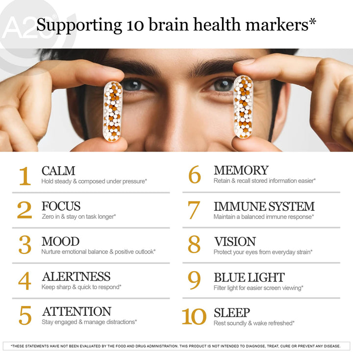 A20 Microbead Brain Health Supplements for Adults for Memory, Focus, Calm, Mood, Alertness, Attention, Vision, Sleep, Immune System, 20 Premium Nootropic Nutrients Multivitamin & 7 Advances® Tech