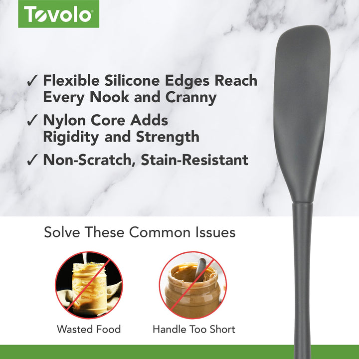 Flex-Core All-Silicone Long-Handled Jar Scraper Spatula, Angled Turner Head, Kitchen Tool With Flat Back & Curved Front for Scooping & Scraping, Charcoal