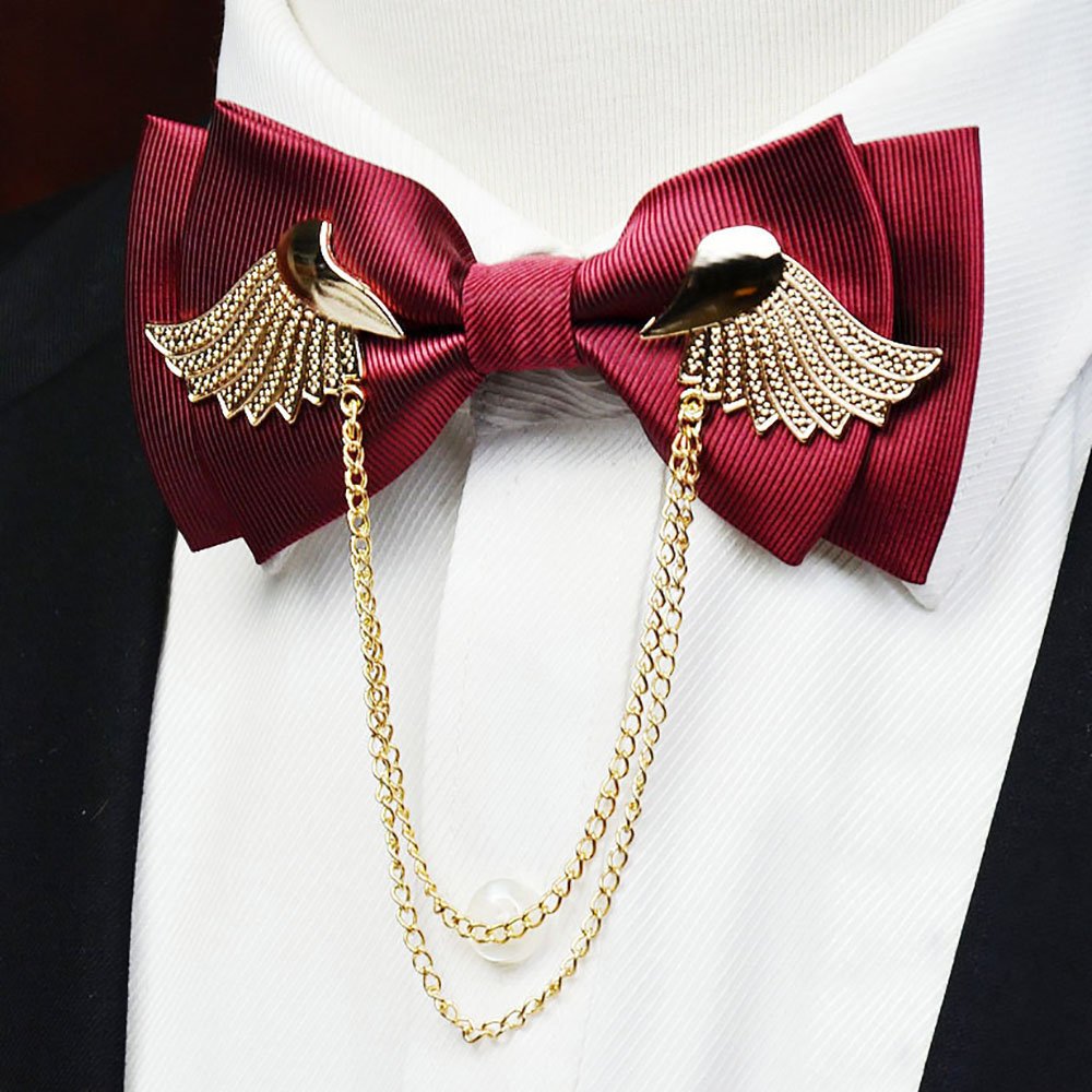 Men’s Tuxedo Adjustable Metal Golden Wings Two Layer Neck Bowtie Bow Tie (Wine Red)