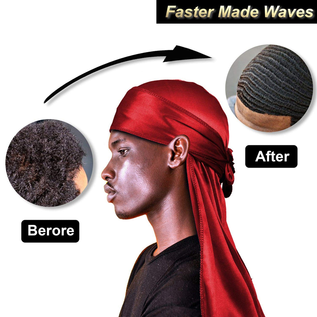 3Pcs Durag, Durags for Men Silky, Silk Durag for Men Women 360 Waves Extra Long Tail with 1 Wave Cap (Black,Red,White)