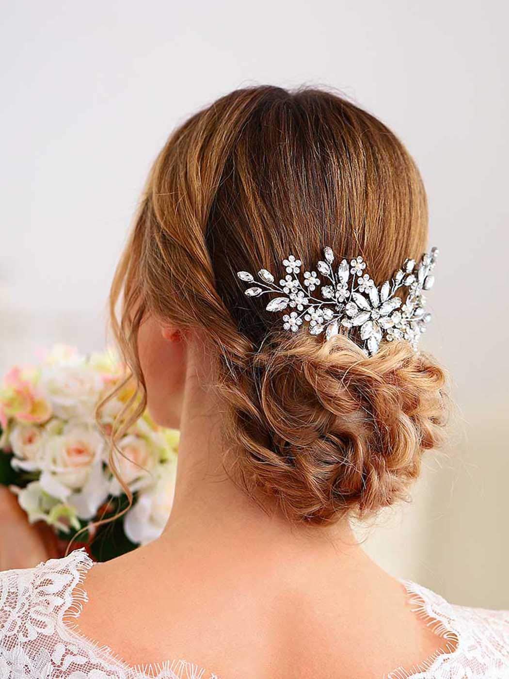 Crystal Bride Wedding Hair Comb Silver Rhinestone Flower Bridal Hair Pieces Pearl Wedding Hair Accessories for Women and Girls… (Silver)