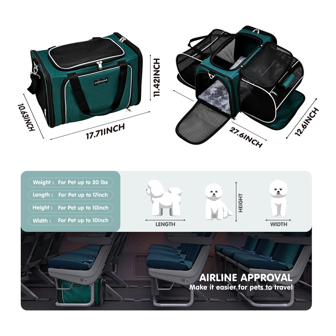 Cat Carrier, Pet Carrier Airline Approved, 2 Sides Expandable Dog Carrier, Soft-Sided Collapsible Dog Travel Bag with Removable Fleece Pad for Cats, Puppy and Small Animals (Green)