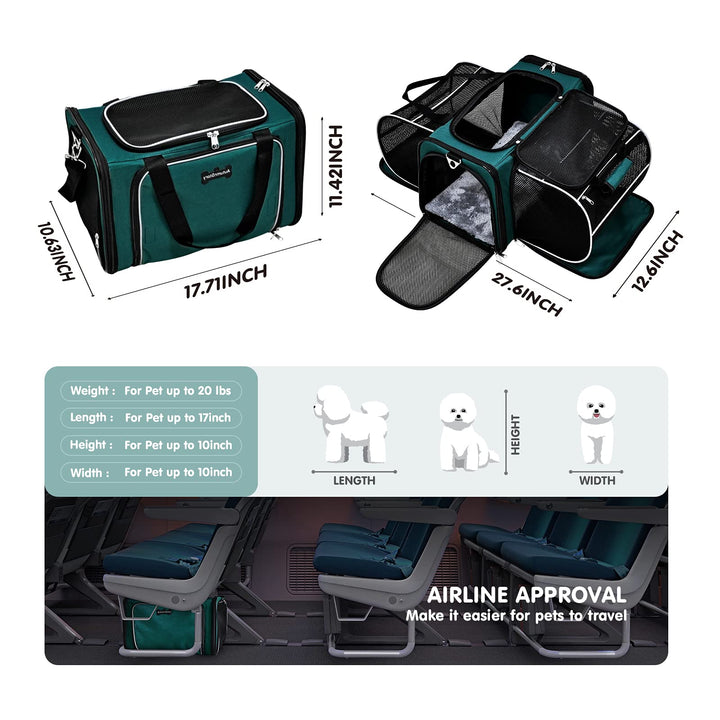 Cat Carrier, Pet Carrier Airline Approved, 2 Sides Expandable Dog Carrier, Soft-Sided Collapsible Dog Travel Bag with Removable Fleece Pad for Cats, Puppy and Small Animals (Green)